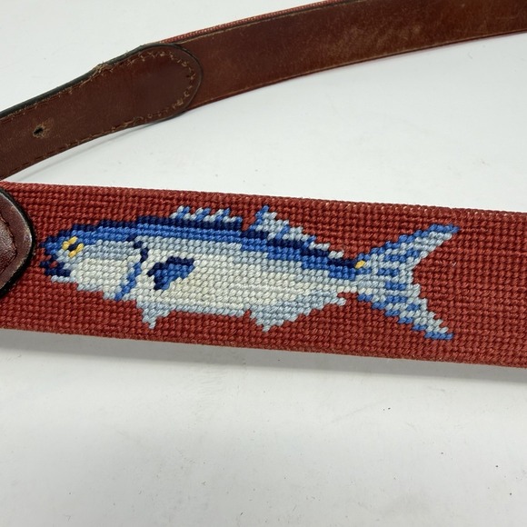 Smathers and Branson Needlepoint Belt Fish Red Canvas Brass Buckle Size 48 - Picture 7 of 10
